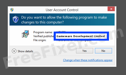 Screenshot where Gameware Development Limited appears as the verified publisher in the UAC dialog